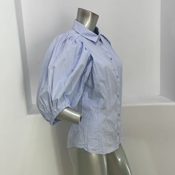 Karen Millen Quarter Balloon Sleeves Blue Button Up Shirt Top K4 - Picture 4 of 13